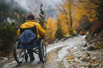 A man in a wheelchair is walking on a muddy road