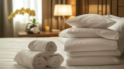 Fototapeta na wymiar A stack of white pillows and towels on a bed