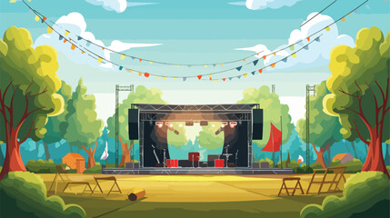 Music festival stage in summer park. Vector cartoon illustration