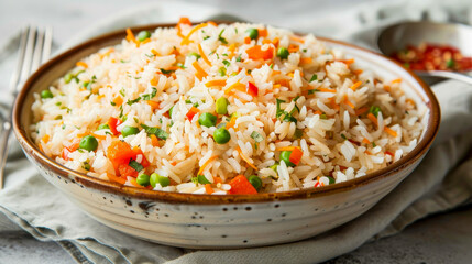 A bowl of rice with carrots and peas