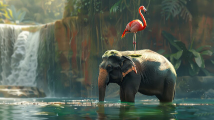 A pink flamingo stands on the back of an elephant in a lush jungle