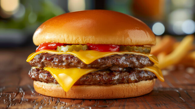 A double cheeseburger with ketchup and pickles on a wooden table