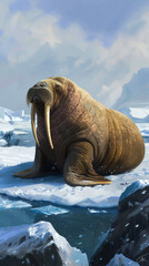 A walrus is sitting on a piece of ice