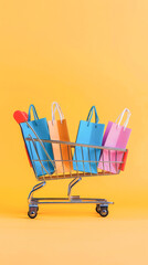 A shopping cart is filled with colorful bags