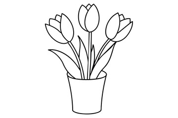 Beautiful tulips standing in a vase line art, vector illustration