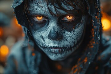 A person with intense blue makeup and eerie expression in a mystical setting - obrazy, fototapety, plakaty