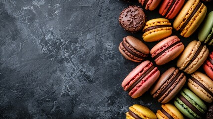 Served chocolate muffins and colorful macaroons cookies on wooden background,valentine day concept...
