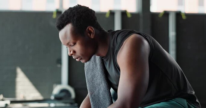 Gym, thinking and black man with fitness, face and exercise with challenge and endurance with workout. Portrait, training and health center with guy and thoughtful with cardio routine and progress