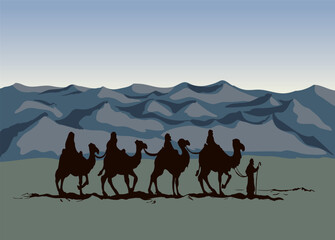 Camel caravan travels. Vector drawing - 787101069