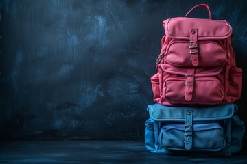 Three vibrant backpacks stacked - magenta, cyan, and navy blue, against a striking blue textured background, showcasing variety and fashion choices - obrazy, fototapety, plakaty