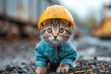 An adorable kitten clad in a miniature hardhat adds a whimsical touch to a gritty construction...