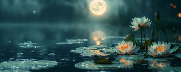 Buddha Purnima concept - lotus flowers blooming in a pond, with a full moon reflected in the water