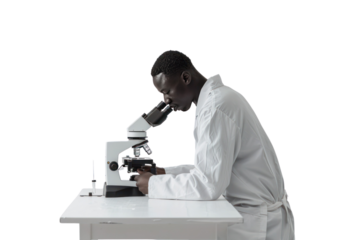 Scientist working with microscope against
.isolated on white background