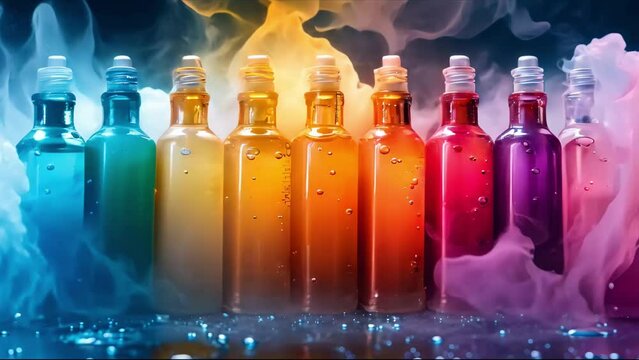Vivid Vape Flavors Amidst Swirling Hues. Concept Vape Photography, Colorful E-liquids, Creative Compositions, Vivid Backgrounds