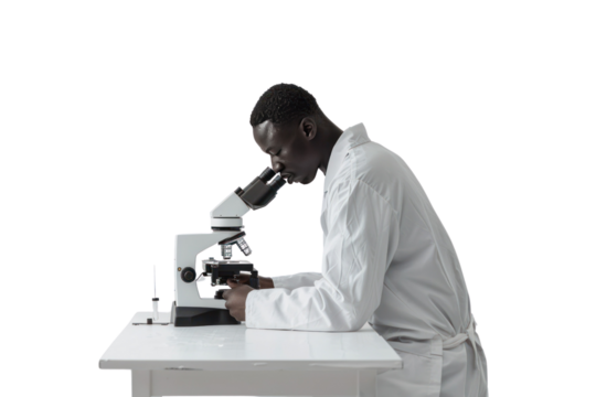Scientist working with microscope against
.isolated on white background