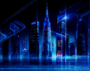 未来的な摩天楼都市と暗い深夜青の光壁紙風 - obrazy, fototapety, plakaty