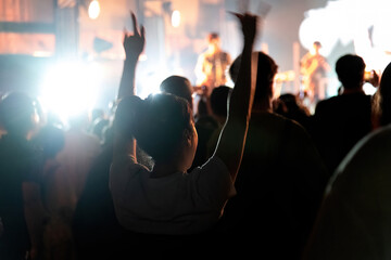 Fototapeta na wymiar People hands making rock gesture at the concert