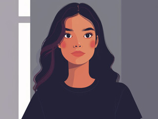 Illustration of a young woman with wavy hair looking contemplative.