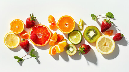 Realistic photo of fruits. Creative artistic diplay of fresh ingredients. AI Generative. 