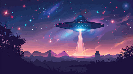 Night alien world landscape and ufo spaceship with be