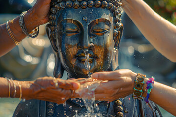 Buddha Purnima concept - water ceremony, water being poured onto Buddha statue