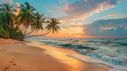 landscape of palm trees at sunset sea