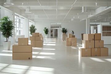 Removal of a powerful company with boxes and office equipment prepared. Concept: moving