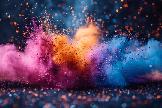 Vibrant colors explode in a dynamic splash against a black background, suggesting energy and motion