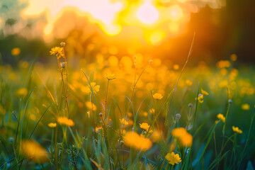 Fototapeta na wymiar Abstract soft focus sunset field landscape of yellow flowers and grass meadow warm golden hour sunset sunrise time. Tranquil spring summer nature closeup and blurred forest background. Idyllic nature