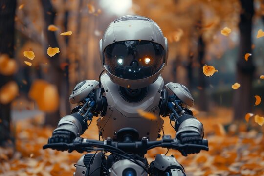A storytelling image of a futuristic robot riding a motorcycle on an autumn day with falling leaves