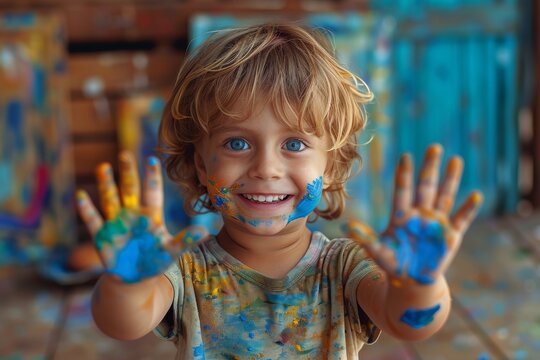 Joyful child displays colorful painted hands and smile, embodying creativity and fun