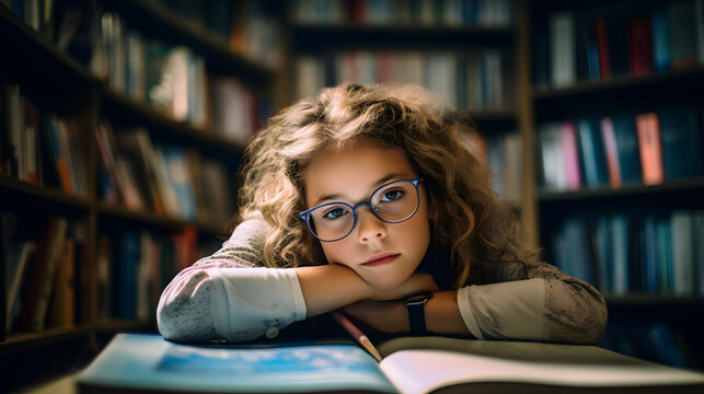 Bored student girl sitting alone inside a school library, leaning on an open book, her head resting on her crossed arms. Her eyes, staring into the camera, look weary and sleepy.