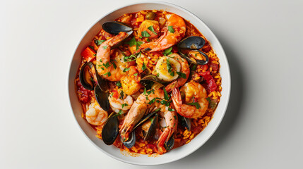 Realistic photo of famous spanish food. Creative artistic diplay of fresh ingredients. AI Generative paella. 