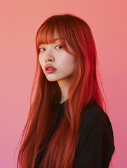 An asian model with long red hair, with sleek straight bangs, photographed from the front against an elegant gradient background