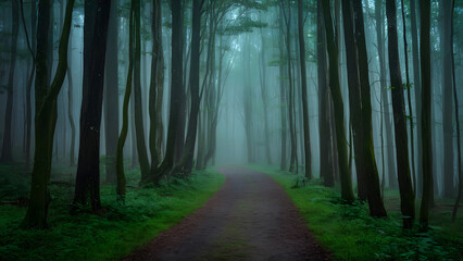 Obraz premium Misty Enchanted Forest Pathway: Serenity Amidst Nature
