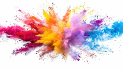 Vibrant colorful powder explosion on white background, isolated burst of various colorful powders in motion capture shot - obrazy, fototapety, plakaty