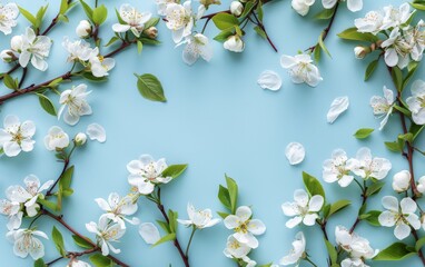 White Flowers and Green Leaves on Blue Background