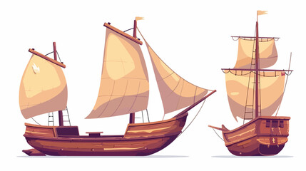 Old wooden ships. Cartoon sailing ship wind sail boat