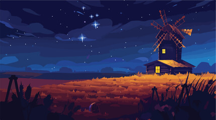 Old windmill in night summer field. Vector cartoon illustration - obrazy, fototapety, plakaty