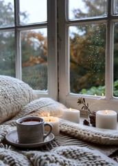 Obraz na płótnie Canvas Cup of Coffee on Bed Next to Window