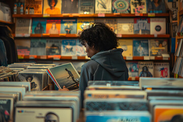 Fototapeta na wymiar A teenage boy in the record store shopping for music 