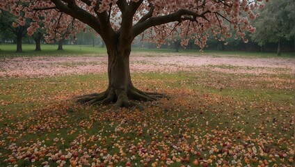 A fruit tree in full bloom, surrounded by a carpet of fallen petals and fruits Generative AI