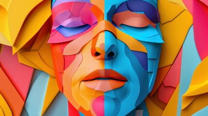 Abstract 3D Illustration of Colorful Paper Cutouts Creating a Woman's Face Portrait Sculpture