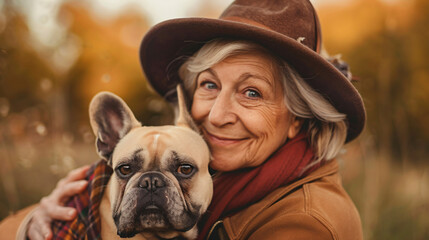 Senior woman with french bulldog