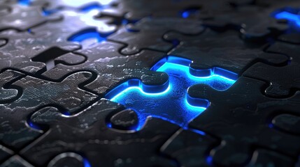 Puzzle Pieces in Blue and Gray Illuminated Logo of Linked Puzzles on a Black Background
