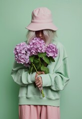Woman in Pink Hat Holding Bunch of Flowers