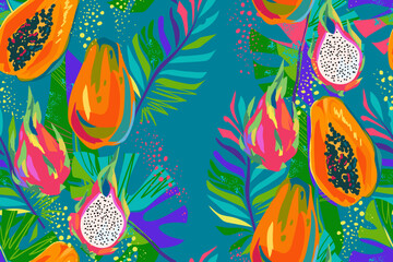 Seamless pattern with tropical leaves and fruits. Colorful palm leaves, monsters and fruits of papaya, pitaya. Bright summer pattern. Modern exotic background. Vector illustration.
