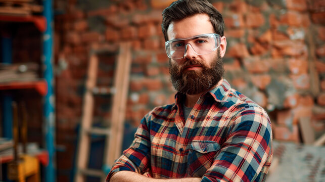 Portrait of a young bearded male craftsman in transparent safety glasses and a plaid shirt against the background of a brick wall in a workshop, home production.
