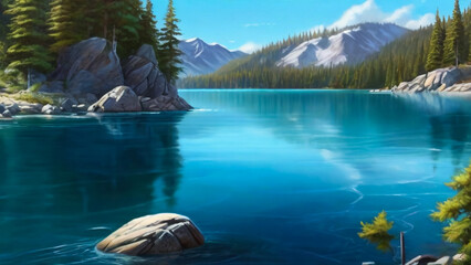 scenery illustration with mountains and water
 - obrazy, fototapety, plakaty