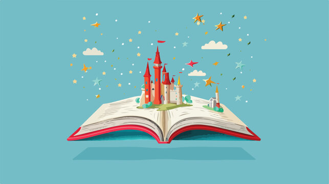 Open red book with castle and stars isolated on powde
